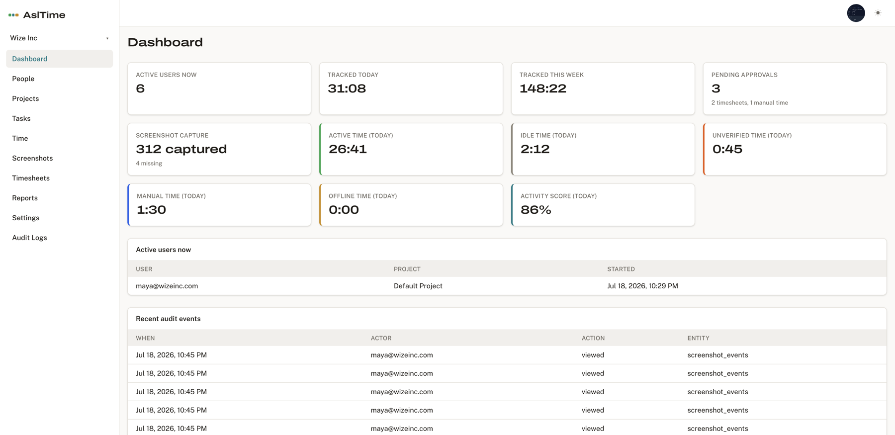 AslTime web dashboard showing timesheets and approvals