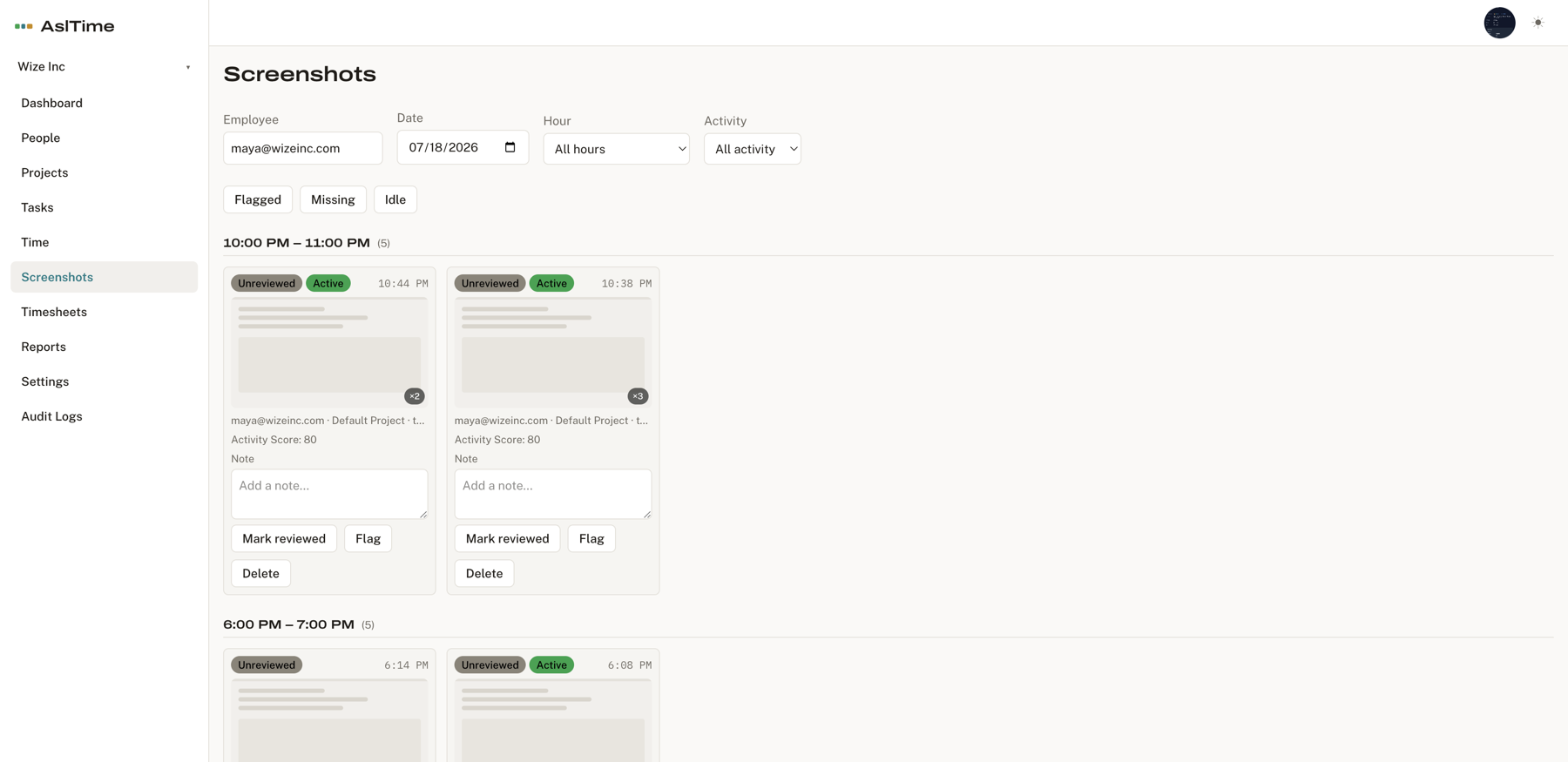 AslTime screenshot review grid with timestamps